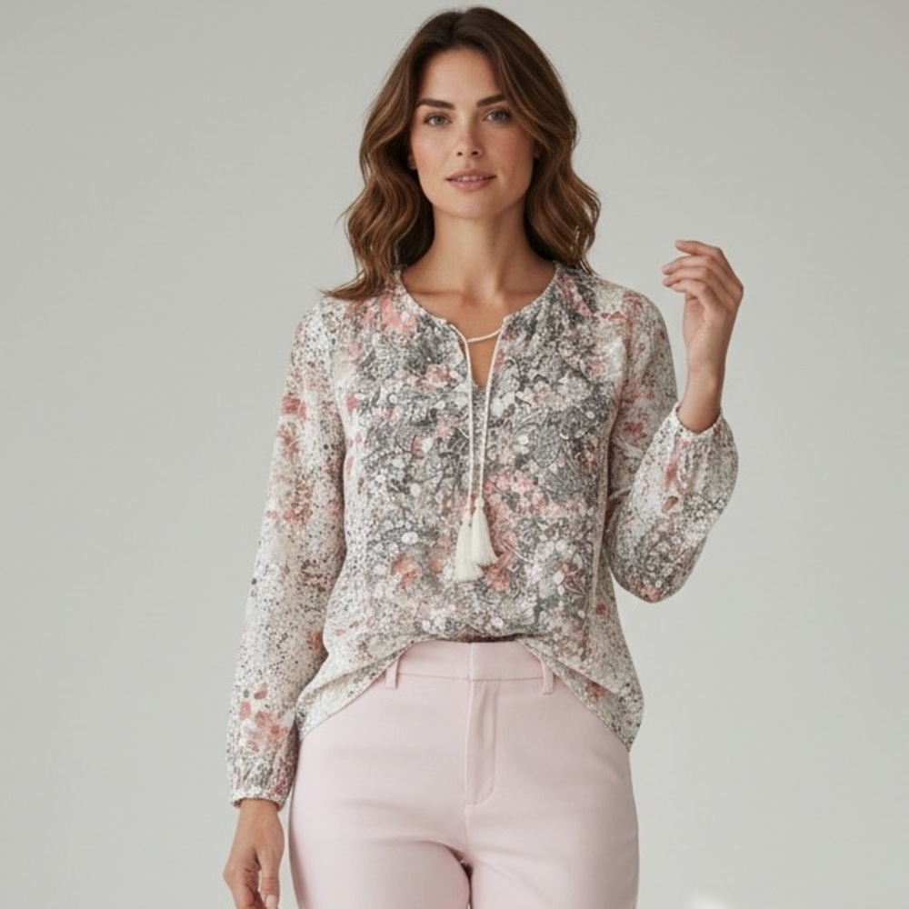 T Tahari Floral Blouse Small Tassel Boho Long Sleeve Semi Sheer Top